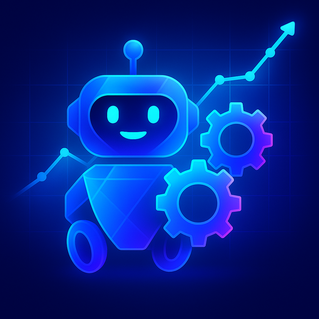 Chatbot icon and gear wheels representing business automation